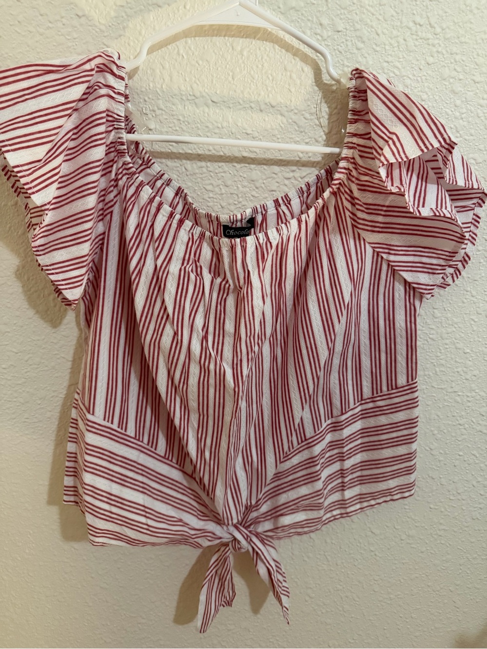 Chocolate USA Red Stripe Tie-Front Off-Shoulder Crop Top Size L